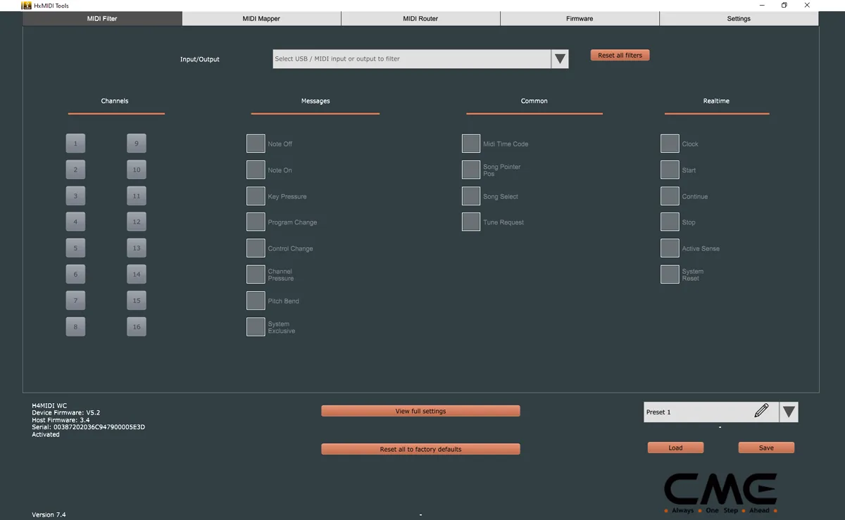 MIDI Filter Screen der HX MIDI Tools © CME