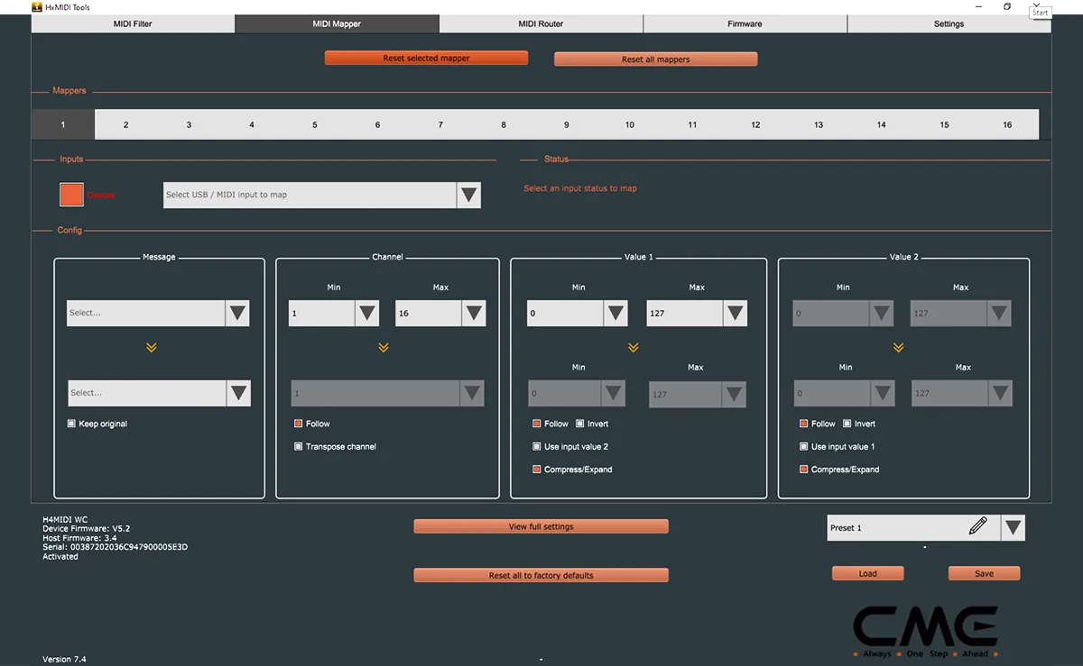 MIDI Mapper Screen der HX MIDI Tools © CME